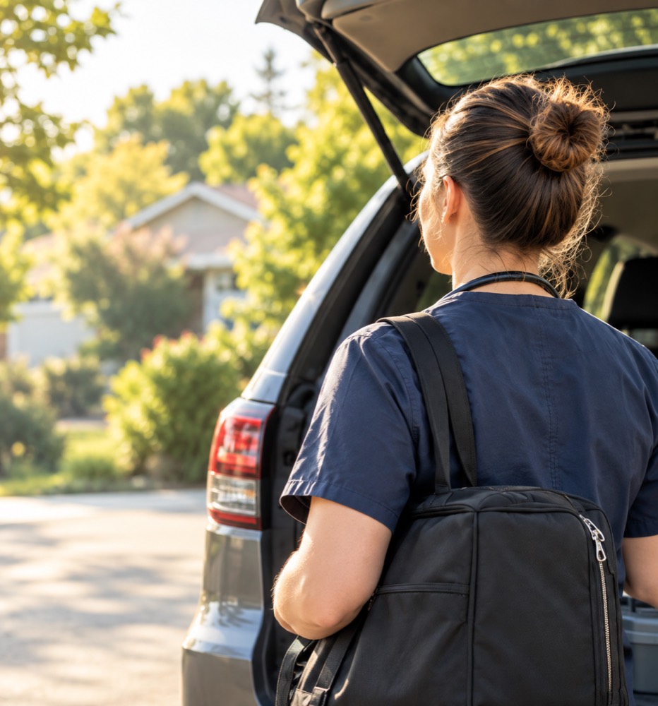 Veterinarian in scrubs with a medical bag at the back of her car, heading to a home visit
